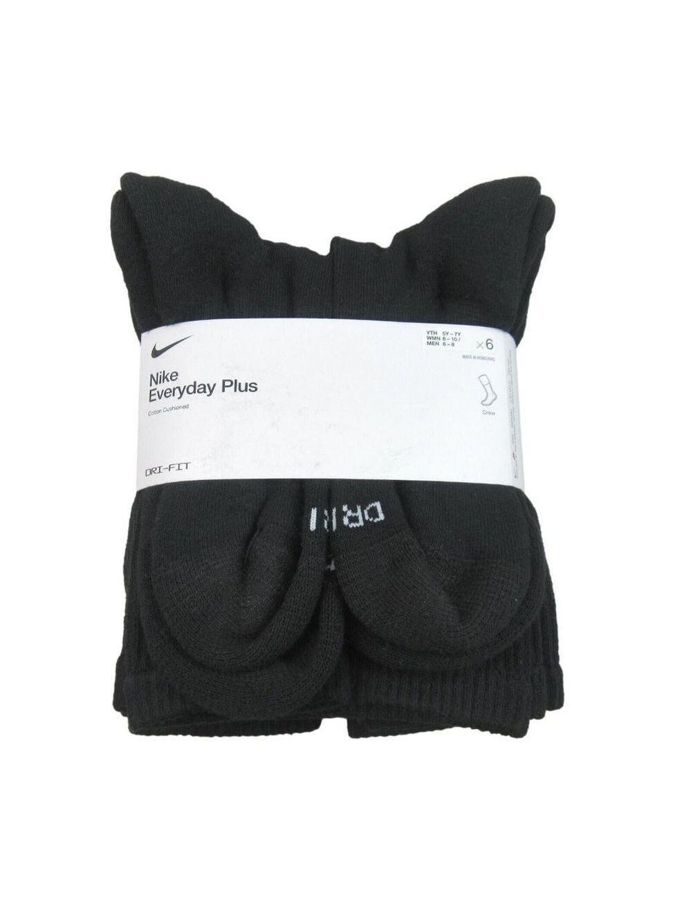 Nike Everyday Plus Dri-Fit Crew Socks Black 6 Pack Womens 6-10 / Youth 5Y-7Y NEW